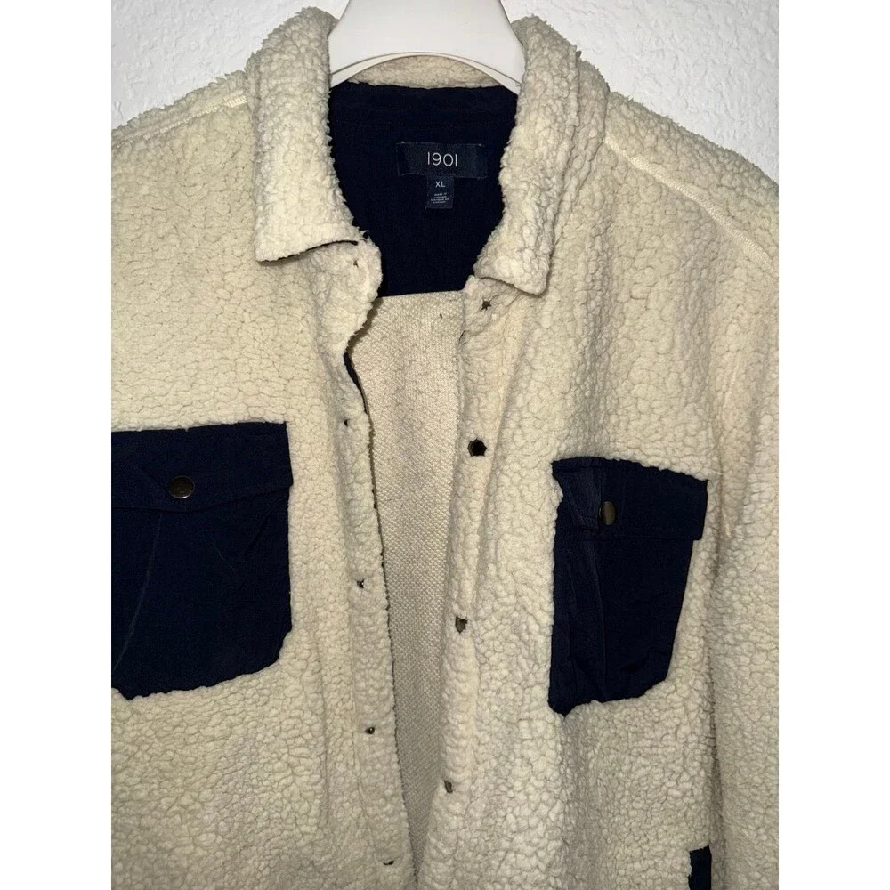 1901 Sherpa Fleece Shirt Jacket XL Cream Snap Front Overshirt